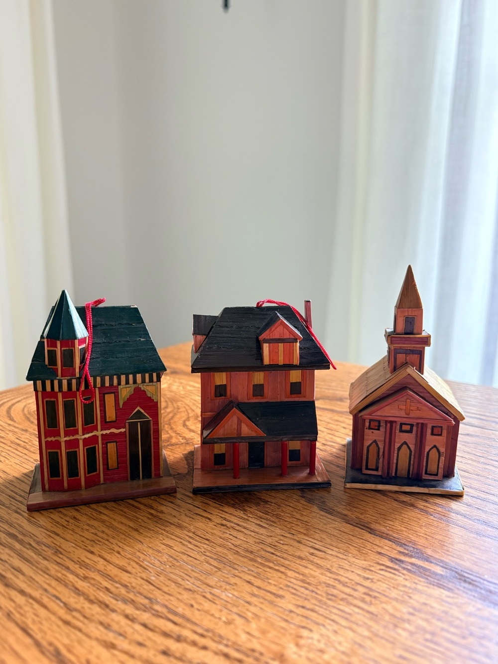 Set of 3 Meow Reo miniature wheat straw and balsa wood architectural ornaments
